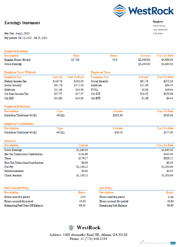Download USA WestRock packaging company pay stub Photoshop template